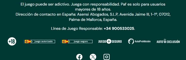 Pie de paf.es con los logos de juego autorizado, juego seguro, autoprohibición y +18